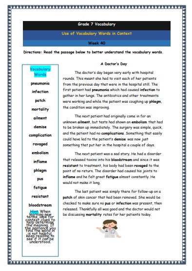 Grade 7 Vocabulary Worksheets Week 40 understanding vocabulary words in context
