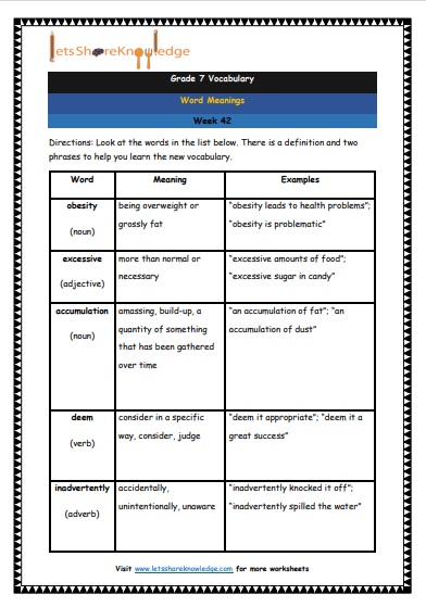 Grade 7 Vocabulary Worksheets Week 42 meanings
