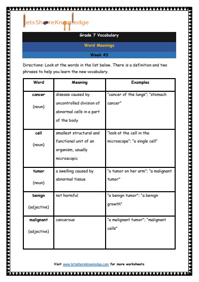Grade 7 Vocabulary Worksheets Week 43 meanings