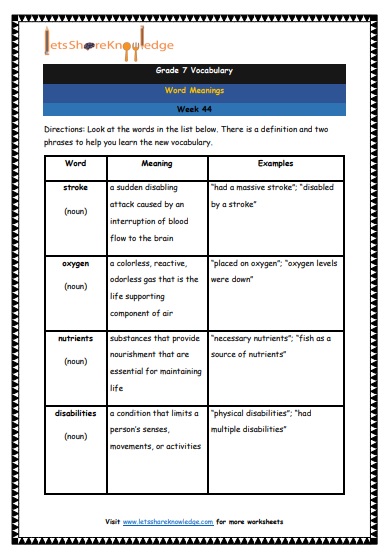 Grade 7 Vocabulary Worksheets Week 44 meanings