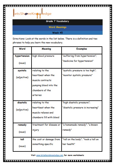 Grade 7 Vocabulary Worksheets Week 45 meanings