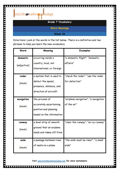 Grade 7 Vocabulary Worksheets Week 46 meanings