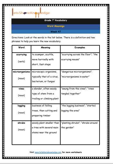 Grade 7 Vocabulary Worksheets Week 47 meanings
