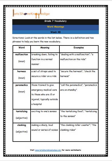 Grade 7 Vocabulary Worksheets Week 48 meanings