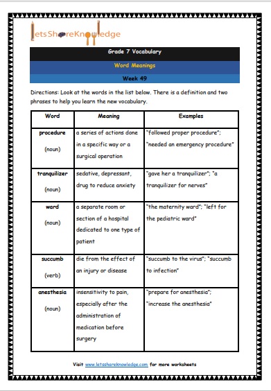 Grade 7 Vocabulary Worksheets Week 49 meanings
