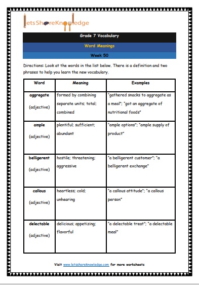 Grade 7 Vocabulary Worksheets Week 50 meanings