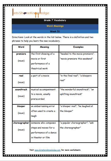 Grade 7 Vocabulary Worksheets Week 51 meanings