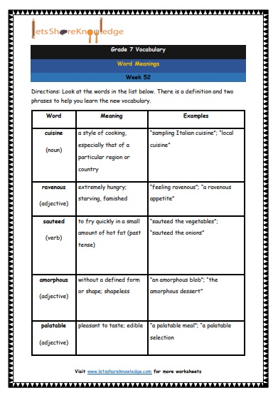 Grade 7 Vocabulary Worksheets Week 52 meanings