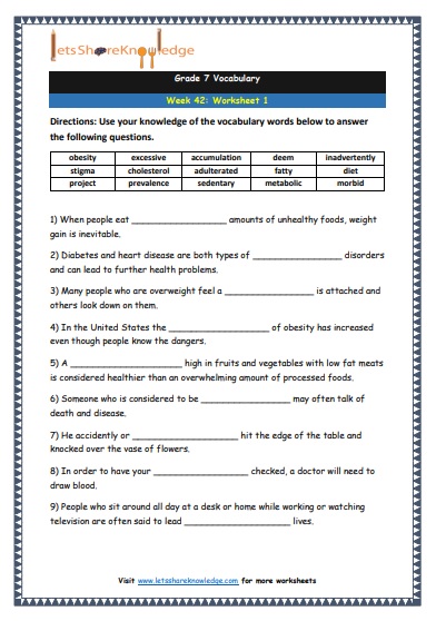 Grade 7 Vocabulary Worksheets Week 42 worksheet 1
