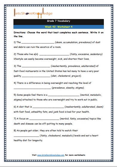 grade 7 vocabulary week 42 printable worksheet