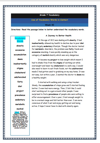 Grade 7 Vocabulary Worksheets Week 42 understanding vocabulary words in context