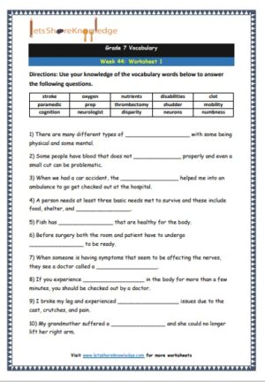 grade 7 vocabulary week 44 printable worksheet