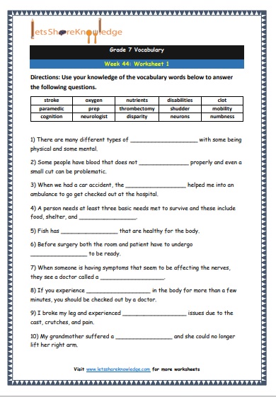 Grade 7 Vocabulary Worksheets Week 44 worksheet 1