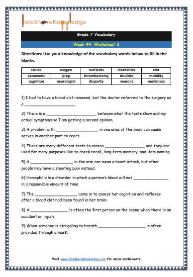 Grade 7 Vocabulary Worksheets Week 44 worksheet 2