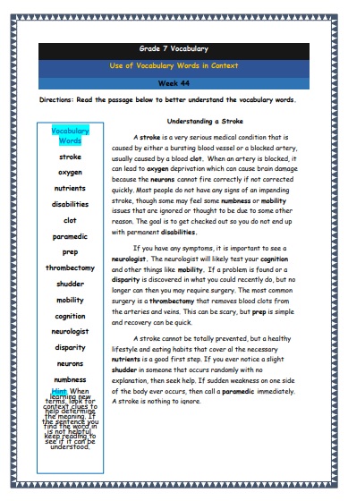 Grade 7 Vocabulary Worksheets Week 44 understanding vocabulary words in context