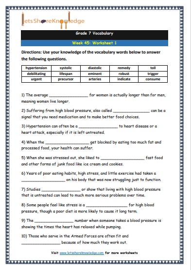 Grade 7 Vocabulary Worksheets Week 45 worksheet 1