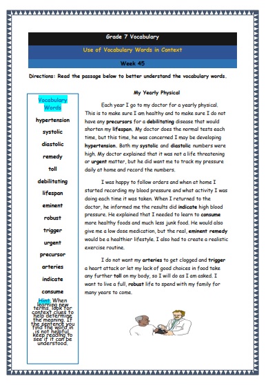 Grade 7 Vocabulary Worksheets Week 45 understanding vocabulary words in context