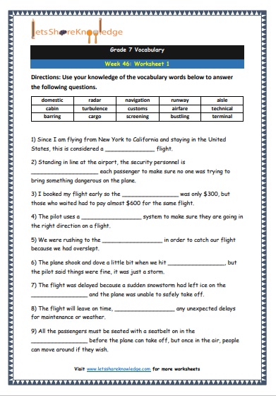 Grade 7 Vocabulary Worksheets Week 46 worksheet 1