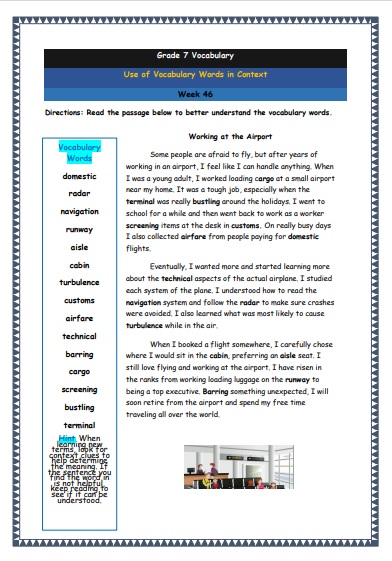 Grade 7 Vocabulary Worksheets Week 46 understanding vocabulary words in context