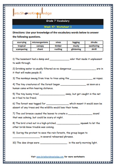 Grade 7 Vocabulary Worksheets Week 47 worksheet 1