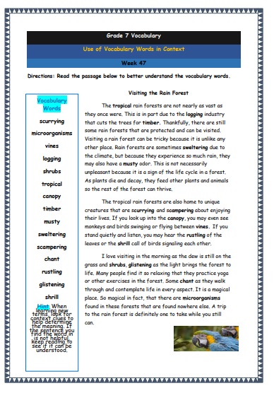 Grade 7 Vocabulary Worksheets Week 47 understanding vocabulary words in context