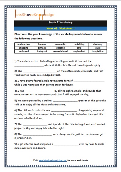 Grade 7 Vocabulary Worksheets Week 48 worksheet 1