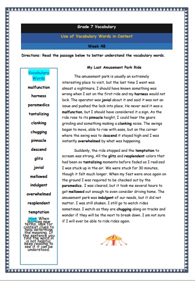 Grade 7 Vocabulary Worksheets Week 48 understanding vocabulary words in context