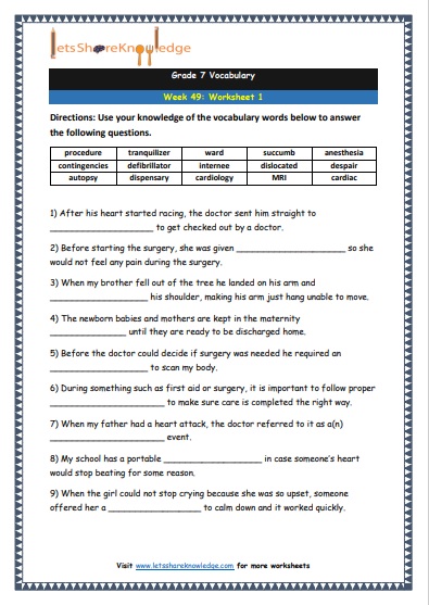 Grade 7 Vocabulary Worksheets Week 49 worksheet 1