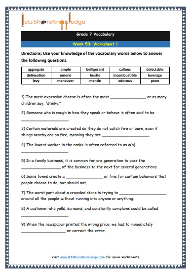 Grade 7 Vocabulary Worksheets Week 50 worksheet 1