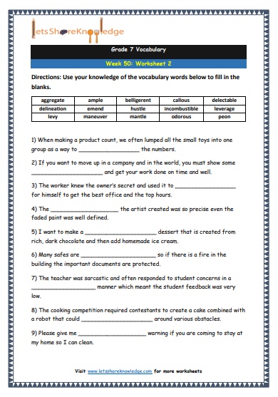 Grade 7 Vocabulary Worksheets Week 50 worksheet 2
