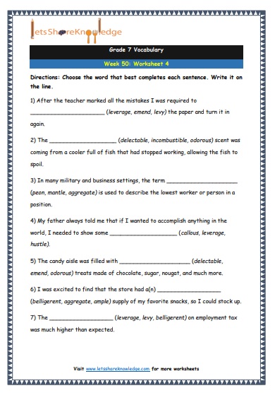  Grade 7 Vocabulary Worksheets Week 50 worksheet 4