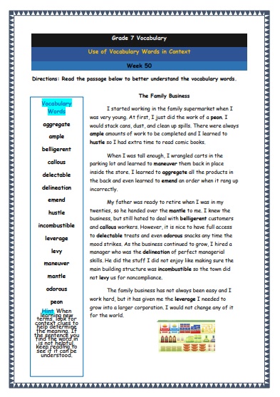 Grade 7 Vocabulary Worksheets Week 50 understanding vocabulary words in context
