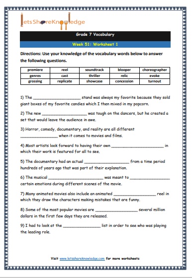 Grade 7 Vocabulary Worksheets Week 51 worksheet 1