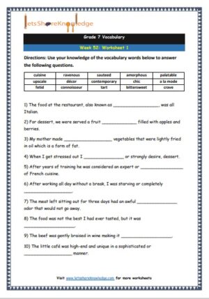 grade 7 vocabulary week 52 printable worksheet