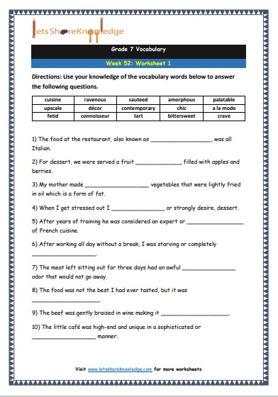 Grade 7 Vocabulary Worksheets Week 52 worksheet 1