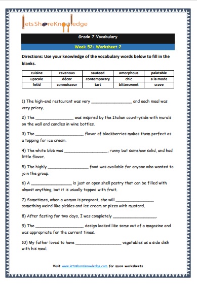Grade 7 Vocabulary Worksheets Week 52 worksheet 2