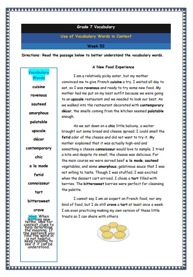 Grade 7 Vocabulary Worksheets Week 52 understanding vocabulary words in context
